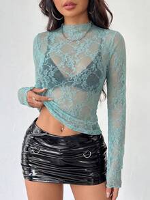 ATTRACO Women's Sheer Mesh Lace Sexy Slim Fit Long Sleeve Top Stand Collar Regular Length - Mint Green - View 3