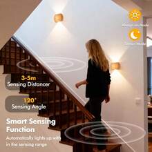 4pcs/2pcs Rechargeable Motion Sensor Wall Light Sconce Indoor - 3 Colors Wireless Up And Down Wall Mount Light, Battery Operated Wall Sconces Set Of Two For Hallway, Staircase, Bedroom, Bathroom(Wood) - Wood - View 3