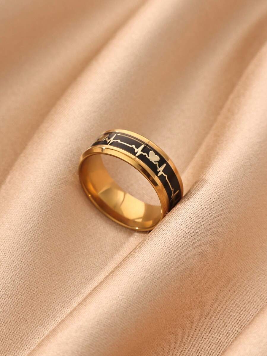 18k Gold Plated Inlay Black Carbon Fiber EKG Heartbeat Ring,Men's Stainless Steel 8mm Ring, Wedding Band,Engagement Ring, Jewelry Unique Gift - 1 - View 1