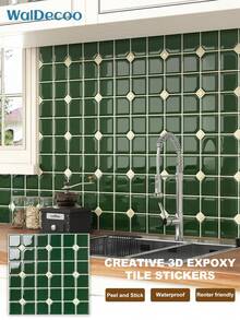 WalDecoo 1/5/10/20pcs 10"X10" Deep Emerald Glossy Octagonal Mosaic Self-Adhesive Wall Tiles, Waterproof Strong Adhesive Backing Easy To Clean, Kitchen Bathroom Splash Wall Decor - Jade Diamond Pattern - View 2