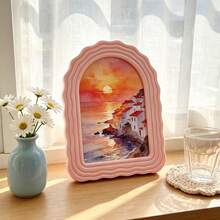 1pc Cute Wavy Arch Photo Frame, Bohemian Beach Watercolor Art Print Frame, Suitable For Desktop, Bookshelf, Living Room, Bedroom Aesthetic Decor Small Decorative Picture Frame, Desktop Ornament, Home Office Decoration, Unique Wavy Edge Photo Holder, Perfect Gift For Friends - Multiple Styles - View 3