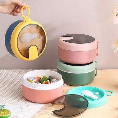 1 buah Mangkuk Sup Microwave, Tidak Mudah Pecah, Dapat Digunakan Sebagai Cangkir Sup, Mangkuk Ramen, Kotak Makan Siang dengan Garpu, Mangkuk Salad dengan Tutup, Tas Bekal Bento Terisolasi