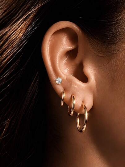 4pcs Classic Fashion Style Round Glass Stud/Hoop Earrings Stainless Steel Women's Jewelry Set Suitable For Daily Wear Or Party
