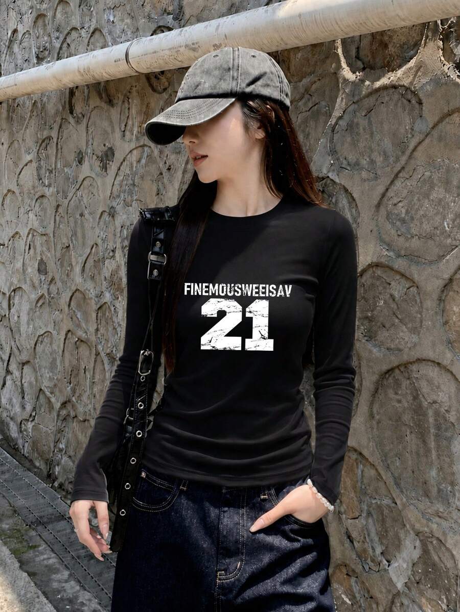 Early Autumn Black Slim Fit Flattering Y2K Long Sleeve T-Shirt For Women, Minimalist Letter Print Design Unique Top - Black - View 1
