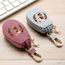 Floral Wreath Letter A-Z Car Key Holder, Mini Car Key Storage Bag, PU Leather Keychain Wallet, Zipper Pouch, Car Key Organizer, Car Keychain, Unisex Gift - Multicolor - View 10