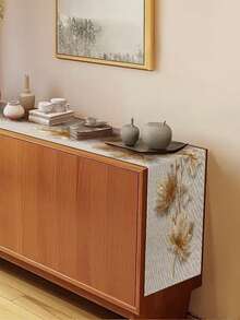 1pc 2D Flat Print Maple Leaf Branch Solid Color Table Runner, Autumn Theme Plant Table Runner, Suitable For All Seasons, Natural Minimalist Style, Non-Embroidered, 2D Printed Polyester Tablecloth - Gold - View 2