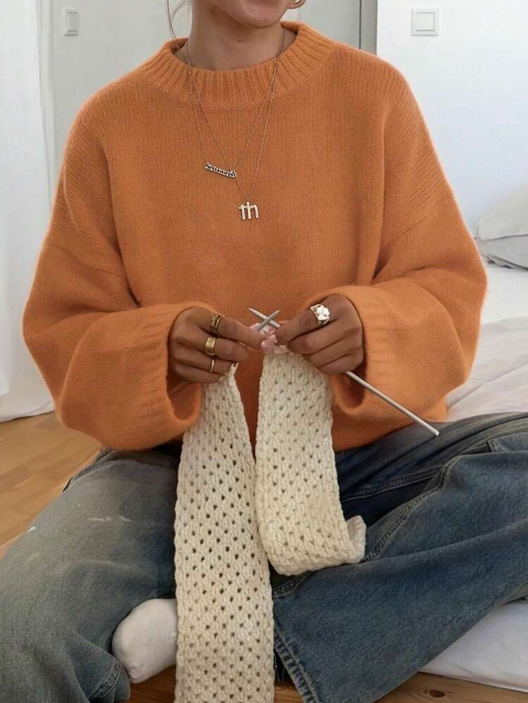 VIBEWAVE Halloween Light Gray American Vintage Casual Home Crew Neck Sweater Autumn/Winter Slouchy Dropped Shoulder Loose Wide Sleeve Premium Knit Top - Orange - View 4