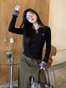 2 In 1 Plaid Patchwork Polo Collar Long Sleeve T-Shirt - Black - View 5