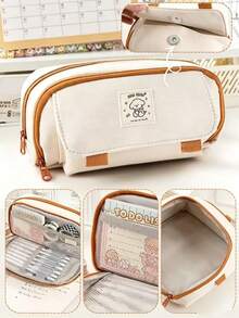 Large Capacity Double Zipper Vintage Pencil Case, New Student Edition For Middle And High School, Pencil Box, Multi-Compartment Stationery Bag For Organized Storage - Z - View 7