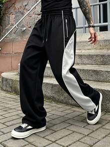 Men's Spring/Autumn Casual Fashion Colorblock Patchwork Long Pants, Outdoor Streetwear Minimalist Trousers - Black - View 1
