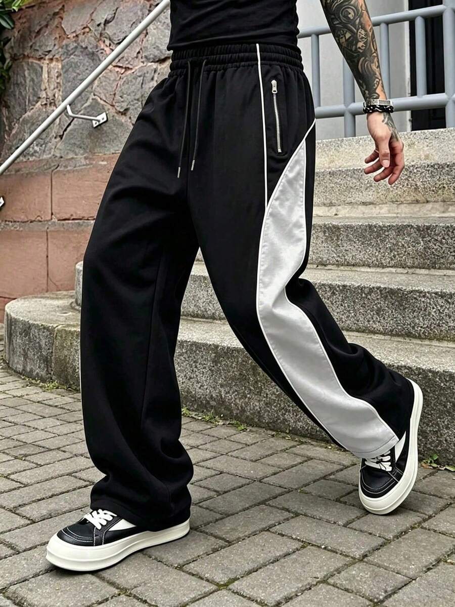 Men's Spring/Autumn Casual Fashion Colorblock Patchwork Long Pants, Outdoor Streetwear Minimalist Trousers - Black - View 1