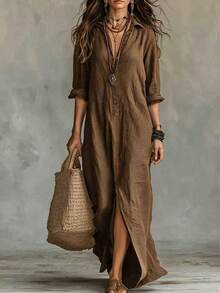 Women's Casual Long Sleeve Woven Fabric Collared Button Front Long Shirt Dress, Perfect For Creating A Relaxed Bohemian Style Autumn Fashion Look. - Coffee Brown - View 1