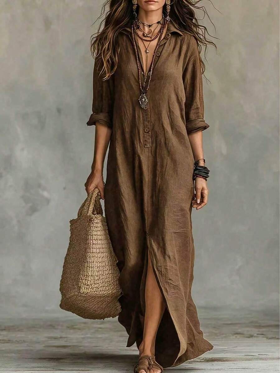 Women's Casual Long Sleeve Woven Fabric Collared Button Front Long Shirt Dress, Perfect For Creating A Relaxed Bohemian Style Autumn Fashion Look. - Coffee Brown - View 1