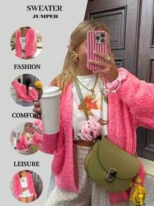 Women's Pink Loose Cardigan Jacket, Autumn/Winter Fashion Casual Long Sleeve Front Open Knit Sweater, Soft Solid Color Coat - Pink - View 6