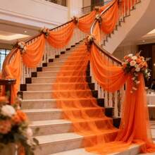 1pc Romantic 393 Inch Deep Orange Tulle Fabric, Long Solid Color Tulle Curtain, 100% Polyester Fabric, Multi-Purpose Party Backdrop, Suitable For Wedding Arch, Home Decor, Wedding Arch Backdrop, Baby Shower Decor, Purple Arch Fabric, Home Decor, Birthday Wedding Party - Dark Orange - View 2