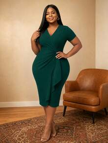 Women's Elegant Casual Vacation Party Wedding Date Office Commute Short Sleeve V-Neck Wrap Ruffle Hem Midi Dress, Spring/Summer - Dark Green - View 1