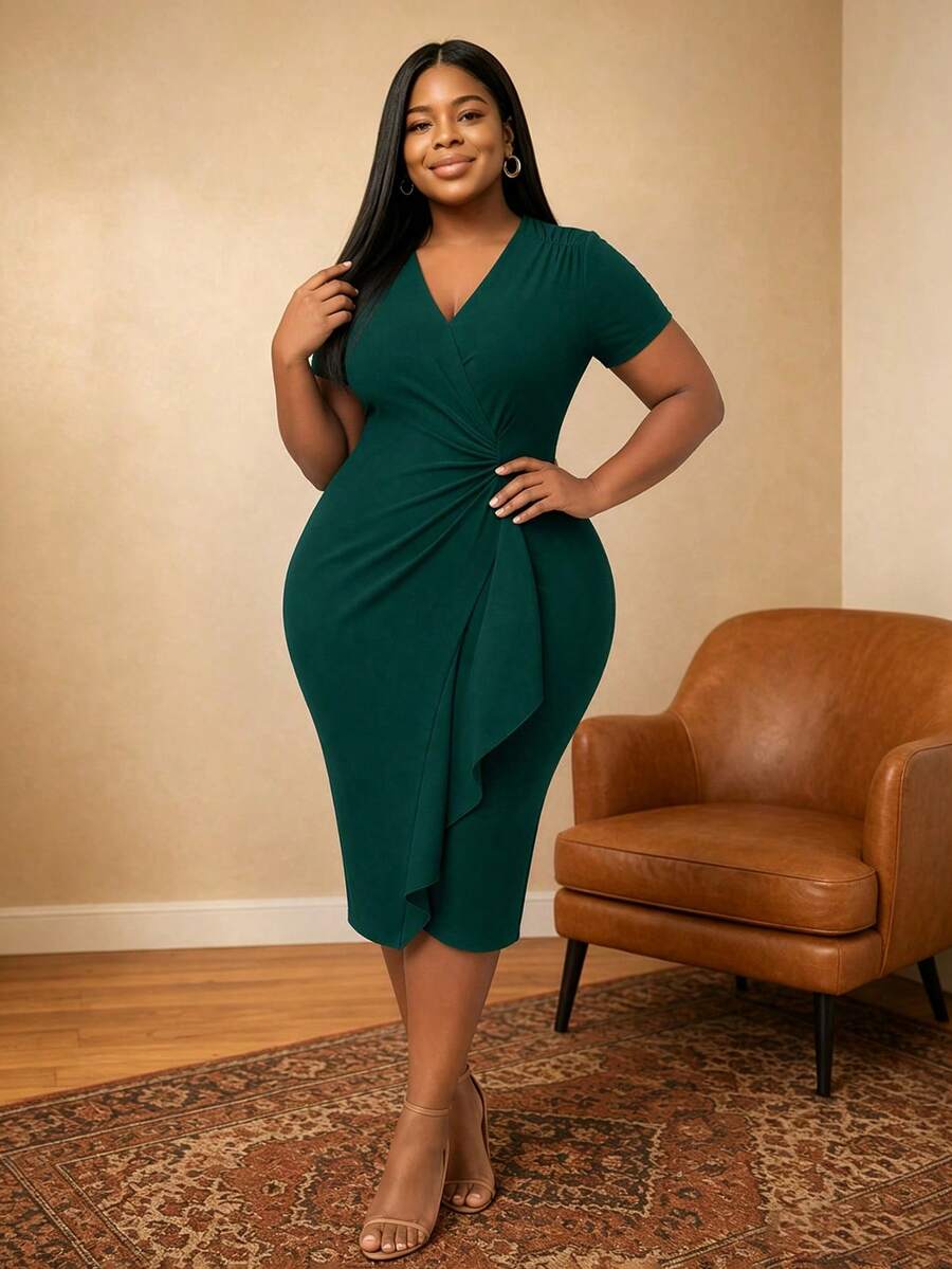 Women's Elegant Casual Vacation Party Wedding Date Office Commute Short Sleeve V-Neck Wrap Ruffle Hem Midi Dress, Spring/Summer - Dark Green - View 1