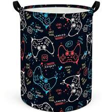 1pc Cartoon Game Controller Print Foldable Round Laundry Basket With Handle, Colorful Graffiti Video Game Pattern Fabric Storage Bin, Multi-Purpose Boy Toy Clothing Sundries Organizer, Suitable For Game Room Bedroom Decor - View 9