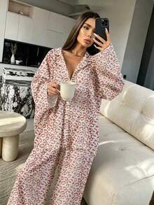 2pcs Women's Loose Leopard Print Casual Long Sleeve Top + Casual Long Pants Loungewear Pajama Set - Pink - View 3