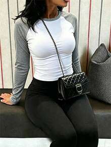 SuofeiMan Women's Casual Colorblock Drop Shoulder Fitted Cropped Top, Summer Women's Top, Suitable For Party And Daily Wear, Autumn Outfit - Light Grey - View 1