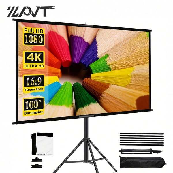Tripod Stand Projector Screen, 4K High Definition Anti-Wrinkle Portable Screen, Height Adjustable, Indoor/Outdoor Use, Home Theater Movie & Gaming Projection Screen