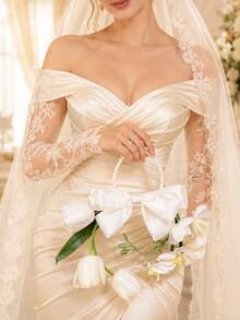 1pc Bohemian Style Satin Bow Ring Bridal Bouquet, Gentle & Elegant - White - View 2