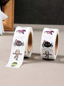 500pcs Roll Halloween Cartoon Skeleton Stickers, Ghost Pumpkin Spider Print Self-Adhesive Labels, Multi-Purpose DIY Decorative Stickers For Gift Wrapping, Home & Party Decor, Autumn/Winter Holidays, Back To School Supplies - A - View 2