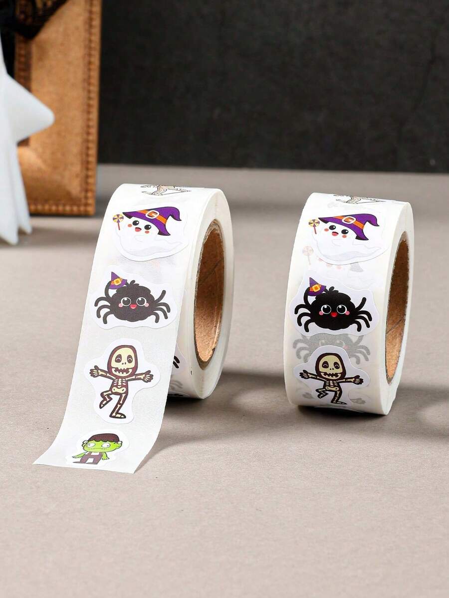 500pcs Roll Halloween Cartoon Skeleton Stickers, Ghost Pumpkin Spider Print Self-Adhesive Labels, Multi-Purpose DIY Decorative Stickers For Gift Wrapping, Home & Party Decor, Autumn/Winter Holidays, Back To School Supplies