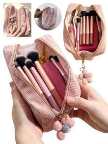 1pc Large Capacity Corduroy Makeup Bag, Floral Charm Minimalist Solid Color Pencil Case, Student Stationery Storage Essential, Multi-Functional Travel Organizer, Y2K Fashion Travel Cosmetic Bag - View 4