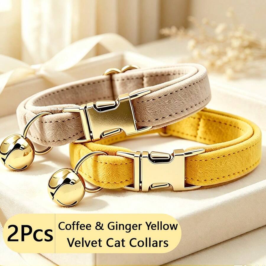 2pcs Ginger Yellow + Light Coffee Soft Velvet Cat Collar With Gold Bell Metal Buckle, Adjustable Size Comfortable Wear, Universal For Cats And Small Dogs Pet Neck Accessory, Thanksgiving Halloween - Ginger Yellow & Light Coffee - View 1