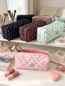 1pc Cute Polka‑Dot Quilted Makeup Pouch Soft Fabric Zipper Pen Case Portable Multi‑Purpose Storage Bag For Daily Use Cosmetics & Brushes Organization - Multicolor - View 2