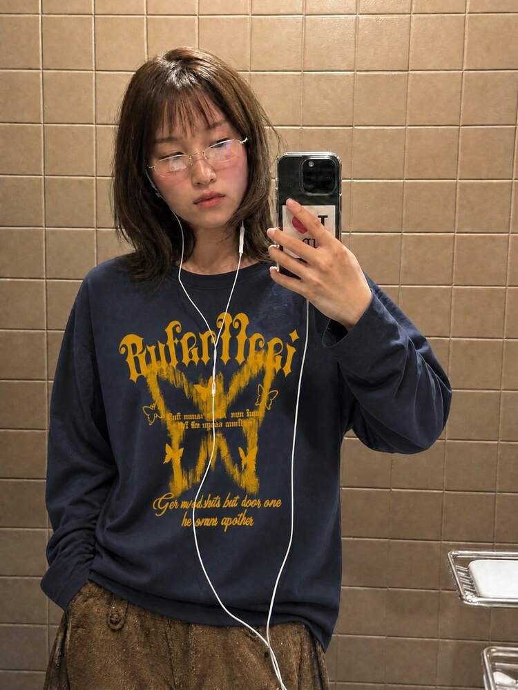 Áo thun tay dài oversized nữ Y2K thu đông mới, 1 chiếc, size petite, phối màu cá tính, xanh navy loang màu tie-dye họa tiết bướm, phong cách streetwear thường ngày đa năng - Màu xanh hải quân - Xem 2