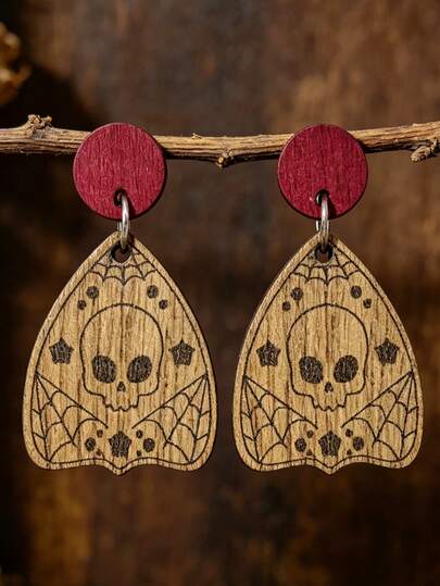 1 Pair Dark Gothic Skull Spider Web Wooden Earrings, Halloween Party Gothic Style Ear Jewelry