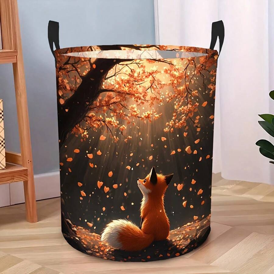 1PC Autumn Scenery Fox Under Tree Falling Leaves Print Round Laundry Basket Large Capacity Storage Hamper With Handles For Bedroom Dorm Home Organization - Multicolor - View 1
