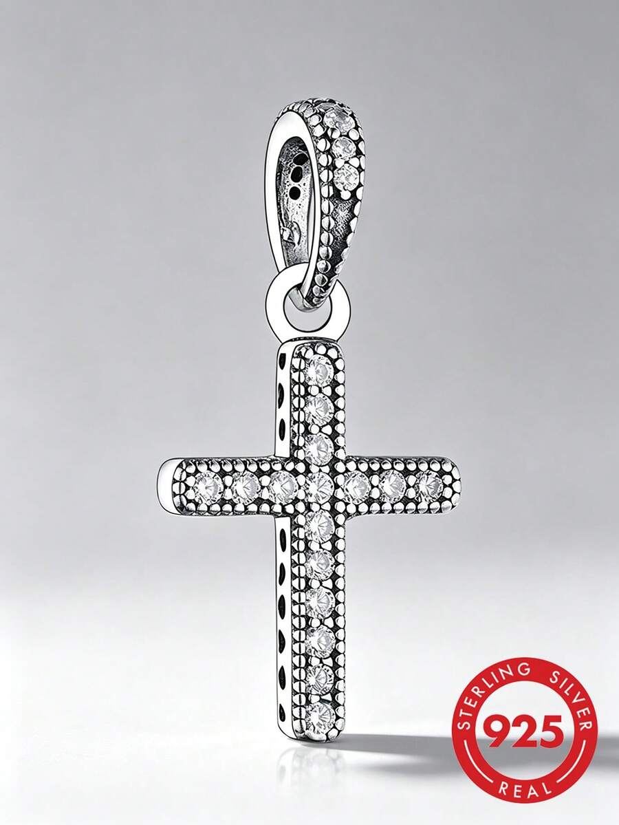 1pc Fashionable 925 Sterling Silver Minimalist Cross Cubic Zirconia Pendant, Unisex Gift - Silver - View 1