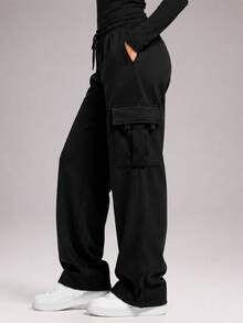 CZRLHYT Women's Knitted Outdoor Casual Sporty Style Solid‑Color Drawstring Wide‑Leg Sweatpants For Skiing, Jogging And More - Black - View 3