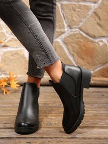 Women's Fashion Combat Boots, Round Toe Chelsea Boots Plain Office - Black - View 4
