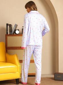 Women's Long Sleeve Long Pants Striped Heart Print Pajama Set, Loungewear For Spring, Autumn And Winter - Multicolor - View 2
