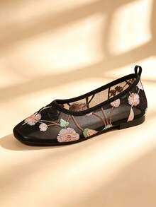 Women's Floral Embroidered Mesh Ballet Flats, Square Toe Breathable Slip-On Versatile Shoes - Black - View 4