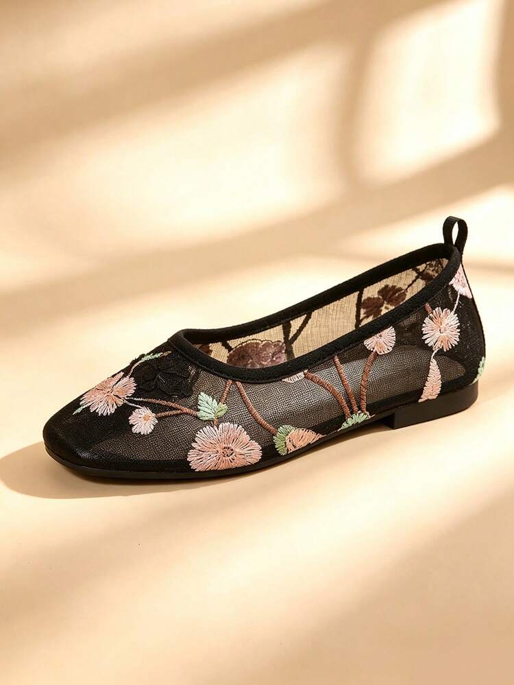 女款花卉刺繡網布芭蕾平底鞋，方頭透氣一腳蹬百搭鞋 - 黑色 - 查看 4