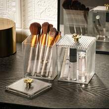 1pc Dust-Proof Transparent Plastic Cosmetic Storage Box With Lid, Suitable For Cotton Swabs, Lipsticks, Hair Clips, Makeup Sponges And Beauty Tools, Desktop Vanity Storage Box, Suitable For Home, Bathroom, Vanity - Clear - View 5