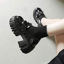 Punk Style Rivet Bow Thick Sole Loafers Women Glossy Chunky Heel Height-Increasing Retro Commute Shoes - Black - View 3