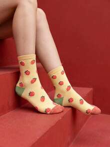 1 Pair Women's Mid-Calf Socks, Unisex Couple Socks, All-Season Regular Thickness, Cute Jacquard Casual Light Sports Socks, Fashionable Versatile Colorful Food Animal Vegetable Pattern - Multicolor - View 4