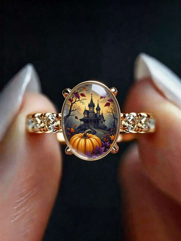 Vintage Ghost Castle Pumpkin Women's Ring, Rose Gold Zirconia Halloween Jewelry, Spooky Autumn Holiday Gift
