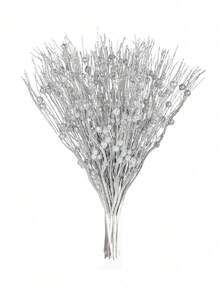 6pcs Silver Glitter Christmas Tree Decorative Branches With Berries And Artificial Flowers, Suitable For Holiday, Wedding, Party, Tabletop Decor, DIY Decoration Accessories, Christmas Tree And Christmas Plant Decoration - Silver - View 8