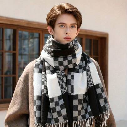 1pc Checkered Pattern Scarf For Men, Autumn/Winter Long Neck Warmer, Stylish Outer Shawl, High-End Men's Thickened Neck Protector