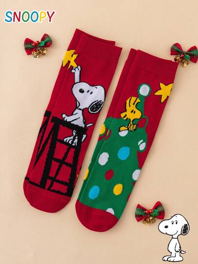2 pares de calcetines de media caña para mujer de la serie SNOOPY, auténticos, con diseño de cachorro, árbol de Navidad y patrón de lunares, divertidos y personalizados, estilo navideño, unisex