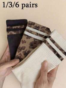 1/3/6 Pairs Women's Leopard Print Striped Mid-Calf Socks, Fashionable Classic Comfortable Soft Breathable, Versatile For Daily Wear, Suitable For All Seasons - Multicolor - View 1