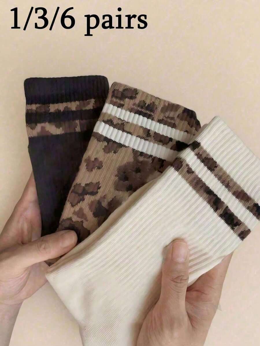 1/3/6 Pairs Women's Leopard Print Striped Mid-Calf Socks, Fashionable Classic Comfortable Soft Breathable, Versatile For Daily Wear, Suitable For All Seasons - Multicolor - View 1