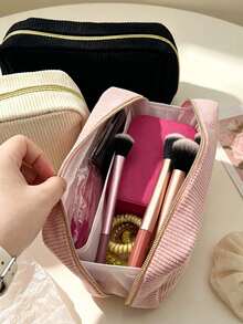 1pc Large Capacity Corduroy Makeup Bag, Floral Charm Minimalist Solid Color Pencil Case, Student Stationery Storage Essential, Multi-Functional Travel Organizer, Y2K Fashion Travel Cosmetic Bag - View 12